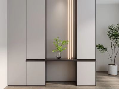 Modern Entryway Side Cabinet With White Black Design Black Countertop Green Plant And Striped Light 3d model