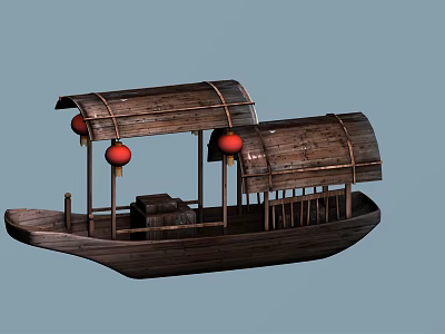 Classic Traditional Wooden Boat With Covered Roof And Hanging Red Lanterns 3d model