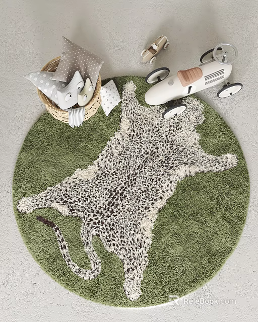 Green Round Carpet With Leopard Print Animal Design Plush Toys And Toy Airplane 3d model 