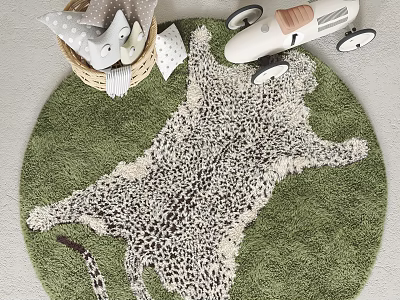 Green Round Carpet With Leopard Print Animal Design Plush Toys And Toy Airplane 3d model
