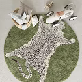 Green Round Carpet With Leopard Print Animal Design Plush Toys And Toy Airplane