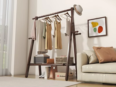 Wooden Coat Rack Holding Clothes And Hats In Living Room 3d model