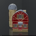 Red Barn and Blue Dome Tower Architectural Model with Brick Structure and Wooden Details