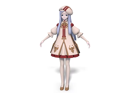 Game And Movie Character With Blue Long Hair Red White Dress And Gold Patterns 3d model