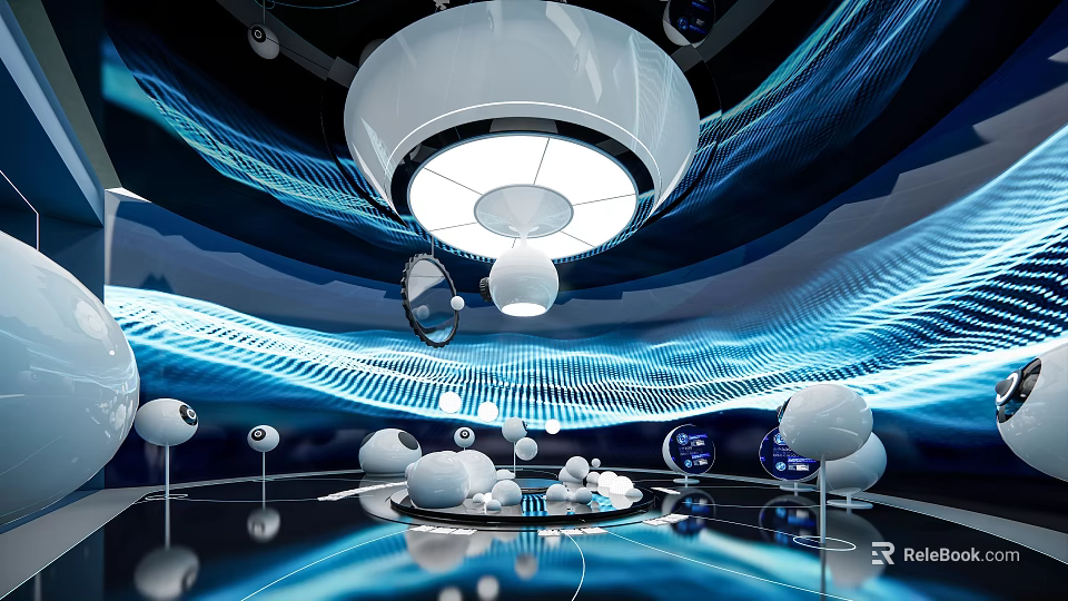 Futuristic Interior Scene with White Spherical Objects Blue Wavy Lines Reflective Floor and Circular Lamp 3d model 