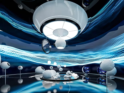 Futuristic Interior Scene with White Spherical Objects Blue Wavy Lines Reflective Floor and Circular Lamp 3d model