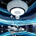 Futuristic Interior Scene with White Spherical Objects Blue Wavy Lines Reflective Floor and Circular Lamp