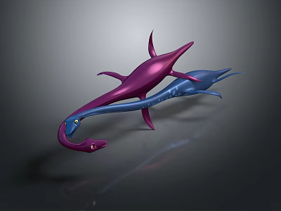 Purple and blue abstract streamlined creatures with smooth surfaces on gray background 3d model