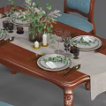 Elegant Dining Table Set with Wooden Table Blue Chairs Table Runner and Flower Centerpiece
