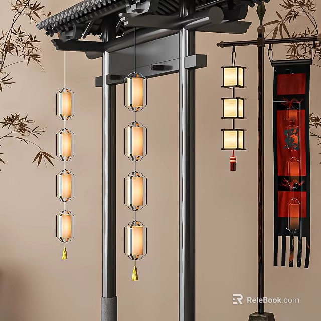 Traditional Modern Chinese Hanging Lanterns Long Rectangular Translucent with Tassels Bamboo Dark Frame 3d model