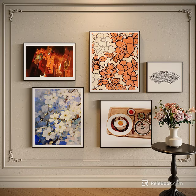 Photo Wall Decor Featuring Various Artworks Floral Prints City Night Scene And Food Themed Paintings 3d model 