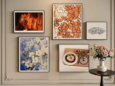 Photo Wall Decor Featuring Various Artworks Floral Prints City Night Scene And Food Themed Paintings 3d model