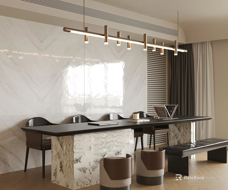 Modern Tea Table And Chairs With Black Countertop Marble Wall Pendant Lights And Brown Stools 3d model 