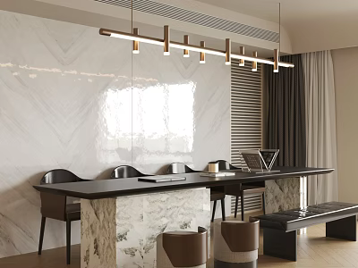 Modern Tea Table And Chairs With Black Countertop Marble Wall Pendant Lights And Brown Stools 3d model