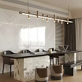 Modern Tea Table And Chairs With Black Countertop Marble Wall Pendant Lights And Brown Stools