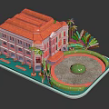 Traditional Multi Story Building With Red Roof And Palm Trees Around Circular Lawn Area