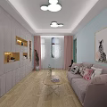 Living Area With Light Blue Walls White Cabinets Wooden Flooring Pink Sofa And Cloud Lights