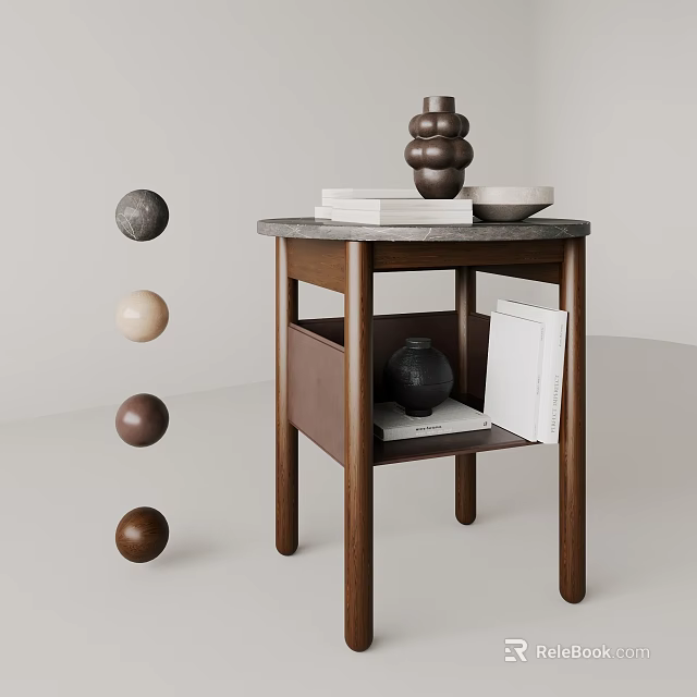 Wooden Side Table With Marble Top Stacked Vase Books Lower Shelf And Decorative Balls 3d model 