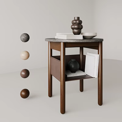 Wooden Side Table With Marble Top Stacked Vase Books Lower Shelf And Decorative Balls 3d model
