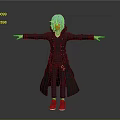3D Character Model With Blue Hair Black Long Coat Red Shoes And Outstretched Arms