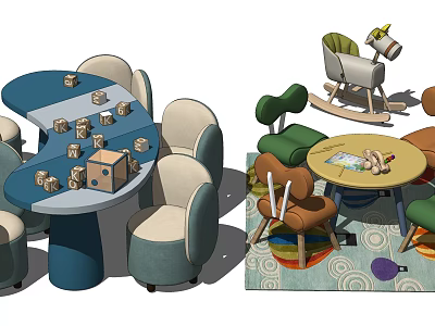 Kids Table With Colorful Chairs Building Blocks And Rocking Horse On Rug 3d model