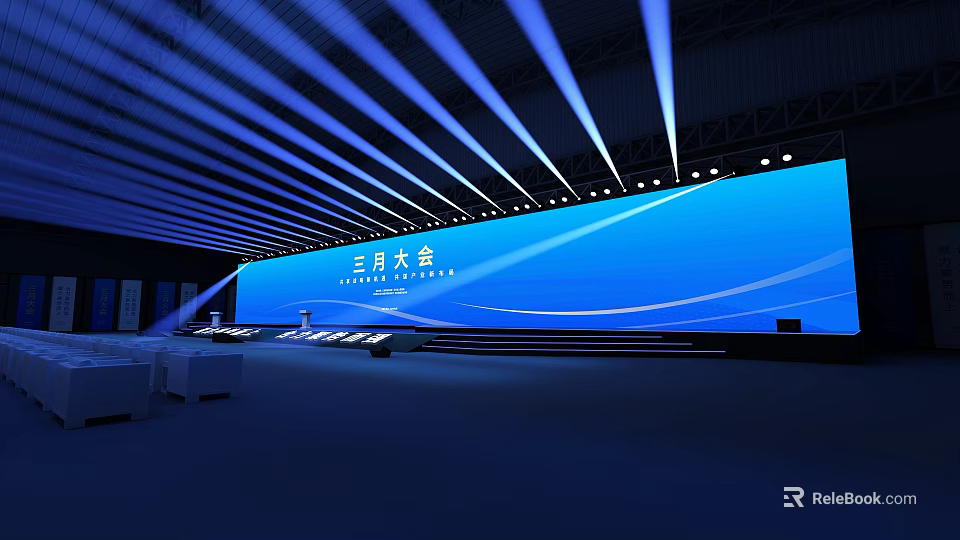 Modern Conference Stage With Blue Large Screen And Ceiling Lighting For Corporate Event 3d model 