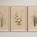 Three Framed Botanical Paintings Featuring Different Plants In Light Wooden Frames On Wall