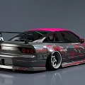Modified Silver Sports Car With Pink Accents Rear Spoiler And Wide Body Kit