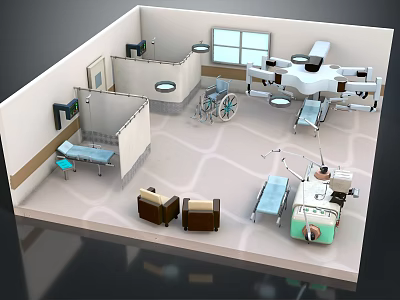 Medical Room Interior With Surgical Equipment Wheelchair Hospital Bed And Examination Table 3d model