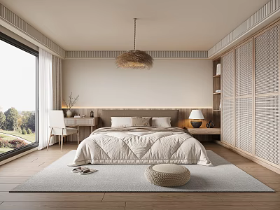Modern Bedroom Interior With Large Window Scenic View Woven Pendant Light And Wooden Floor Rug 3d model