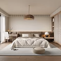 Modern Bedroom Interior With Large Window Scenic View Woven Pendant Light And Wooden Floor Rug