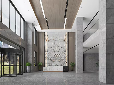 Modern Lobby Reception Desk with Marble Wall Logo Glass Windows and Plants 3d model