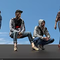 Group of People in Various Postures Bending and Standing on Dark Ground with Reflections