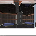 Modern Elevator Lobby With Blue Wall Circular Decor Black Marble Floor Green Sofa Metal Tables