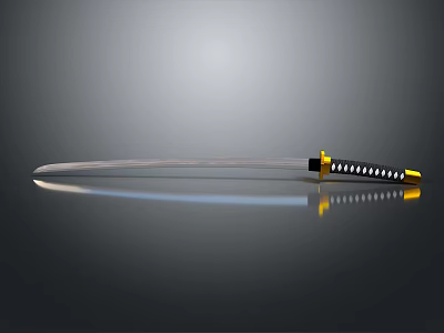 Traditional Samurai Sword Featuring Sharp Silver Blade Yellow Black Handle And White Accents 3d model