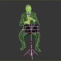 Man In Black Suit Seated On Stool Playing The Clarinet With Music Stand