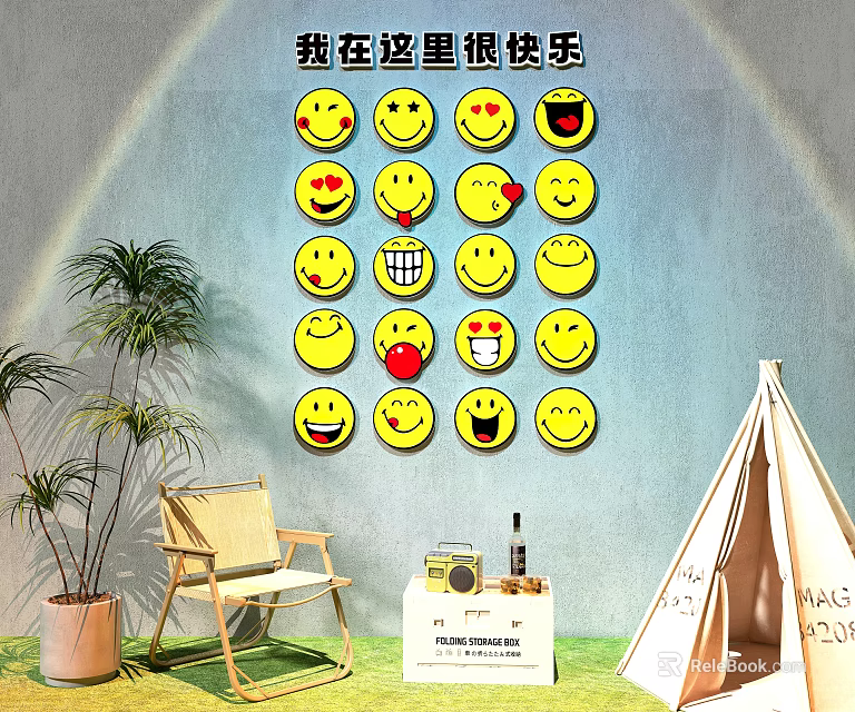 Happy Sofa Background Wall With Yellow Smiley Emojis Happy Atmosphere Potted Plant Chair And Teepee Tent 3d model 
