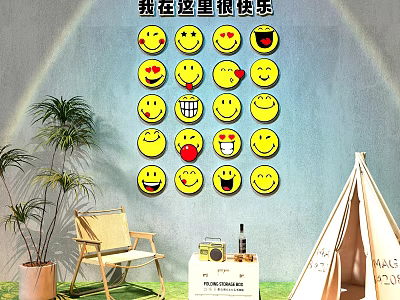 Happy Sofa Background Wall With Yellow Smiley Emojis Happy Atmosphere Potted Plant Chair And Teepee Tent 3d model