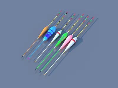 Multiple Colorful Fishing Floats With Slender Poles In Blue Orange White Green Pink 3d model