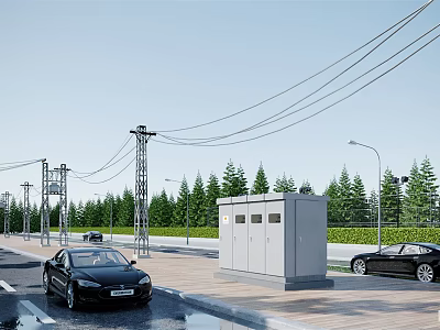 Modern Road Infrastructure With Street Lights Power Poles And Distribution Cabinets 3d model