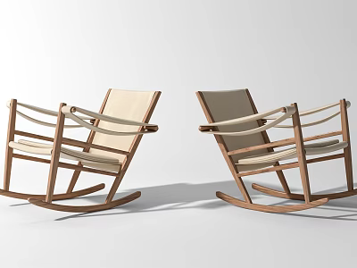Modern Stylish Rocking Leisure Chairs with Wooden Frame and Light Beige Cushions 3d model
