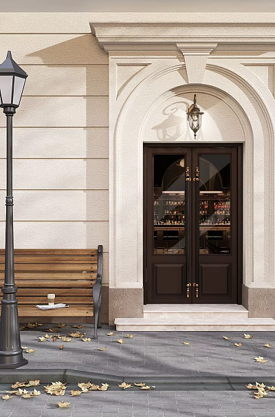 Public Office Space Entrance With Dark Glass Double Doors Shelves Street Lamp And Bench 3d model