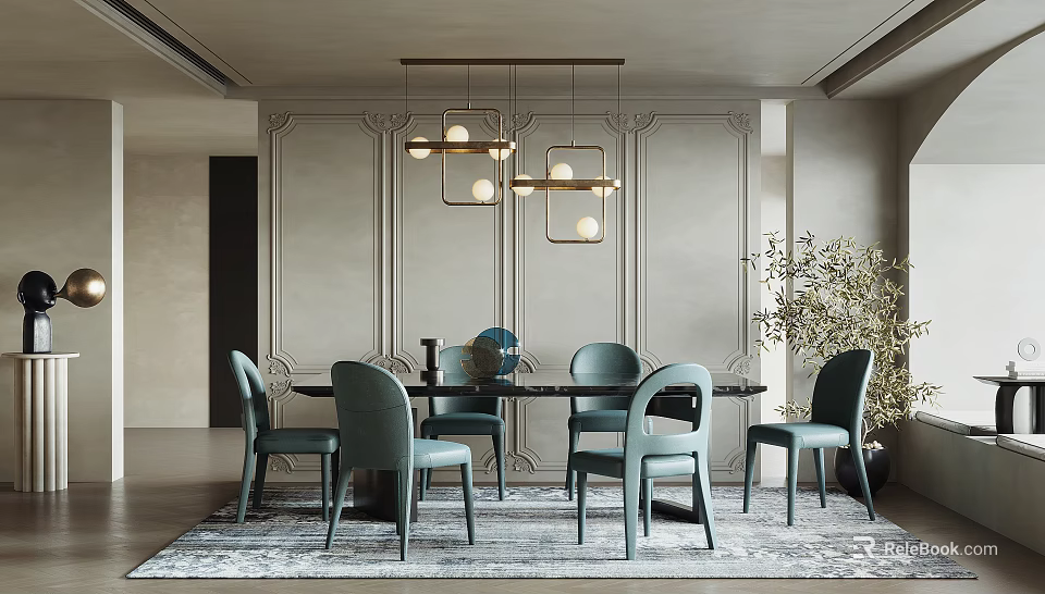 Elegant Restaurant Interior With Light Gray Walls Teal Chairs Black Dining Table And Pendant Lights 3d model 