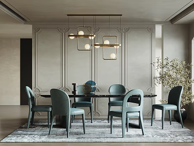 Elegant Restaurant Interior With Light Gray Walls Teal Chairs Black Dining Table And Pendant Lights 3d model