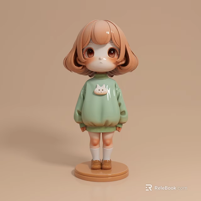Cute Doll With Brown Hair Big Eyes Green Sweater Cat Pattern Brown Shoes White Socks 3d model 