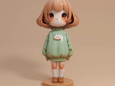 Cute Doll With Brown Hair Big Eyes Green Sweater Cat Pattern Brown Shoes White Socks 3d model