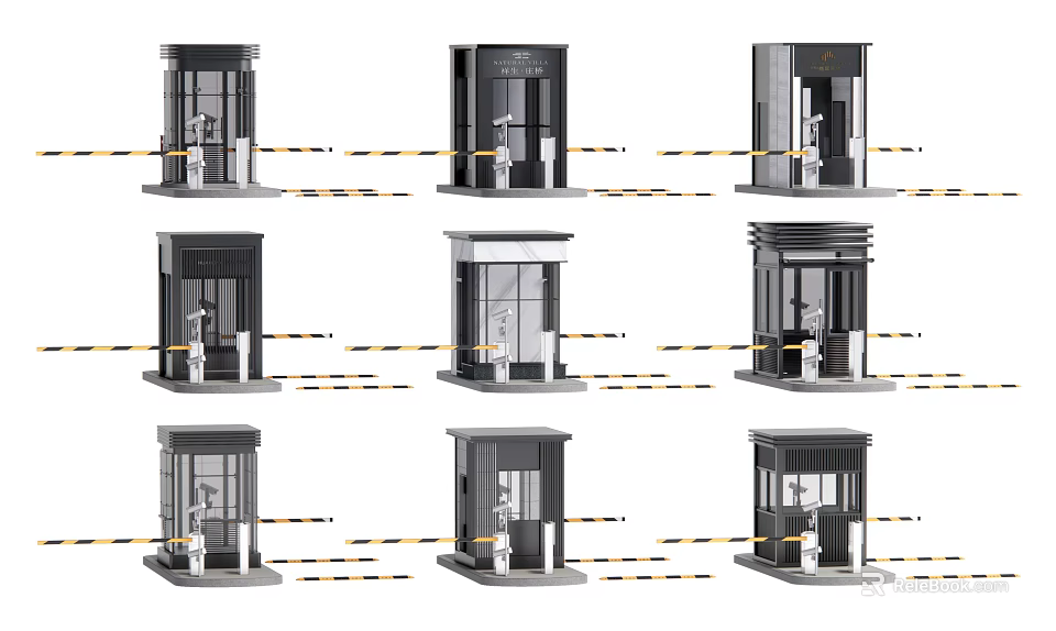 Various Security Booth Designs Featuring Glass Panels Metal Frames And Caution Tape 3d model