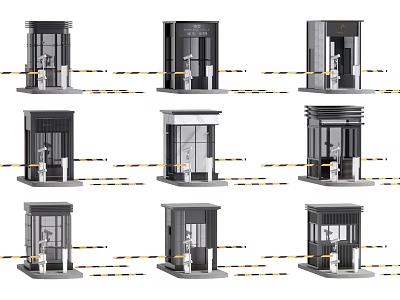 Various Security Booth Designs Featuring Glass Panels Metal Frames And Caution Tape 3d model