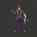 Man with red hair and red skin wearing black long coat gray pants silver boots holding gun in right hand green object in left hand gray background