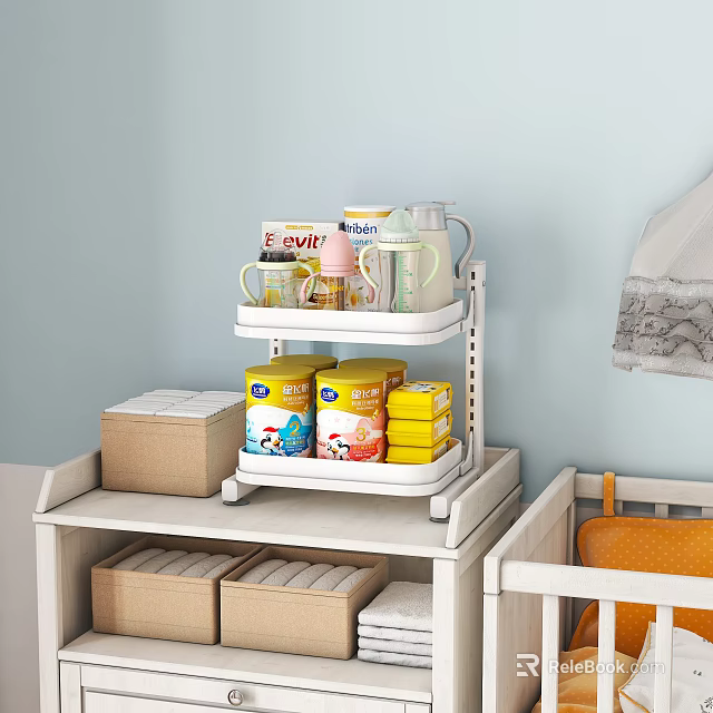 Baby Storage Shelf with Milk Powder Cans and Baby Bottles in Light Blue Nursery Room 3d model 